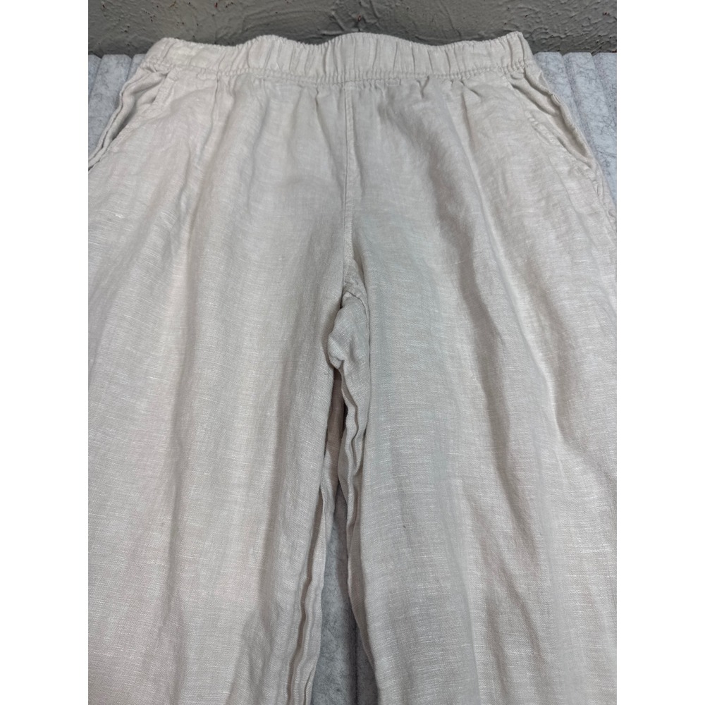 Tahari Womens Beige 100% Linen Wide Leg Cropped Elastic Waist Pants Size S